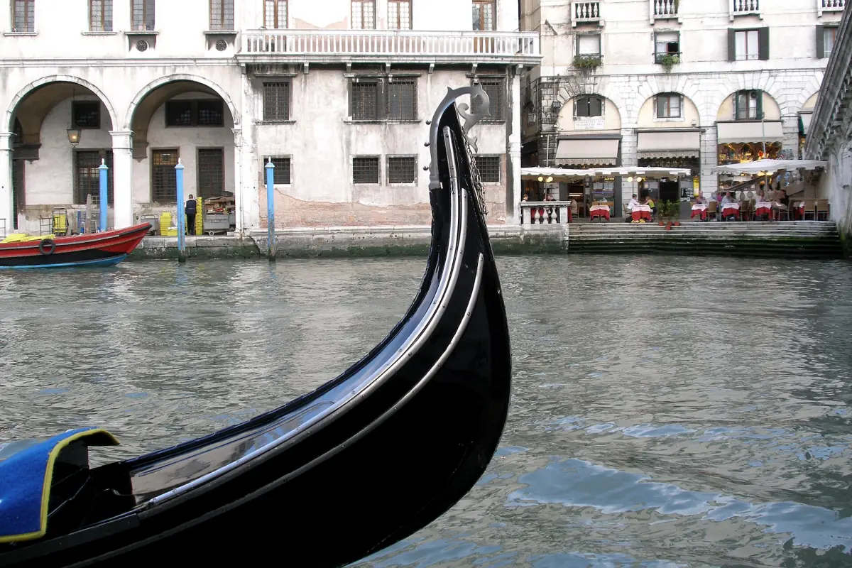 The bow of a moored gondola