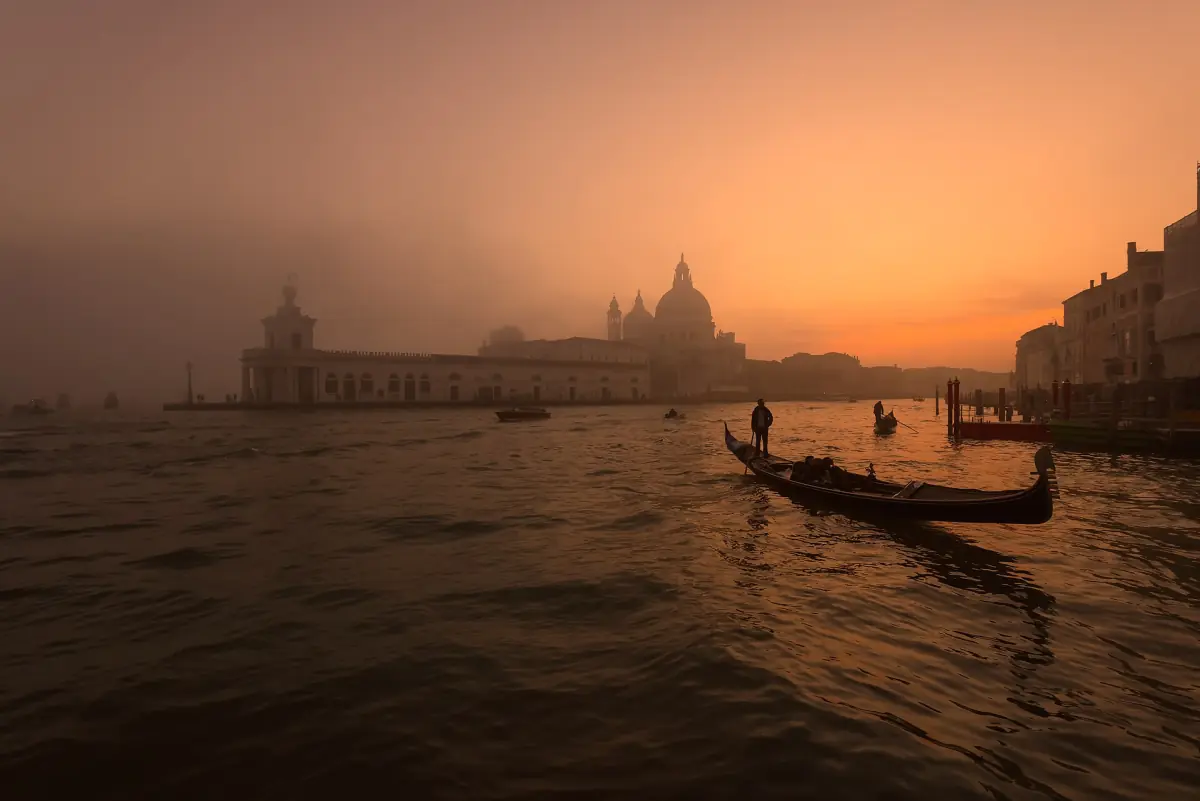 A gondola off Punta della Dogana in the early morning