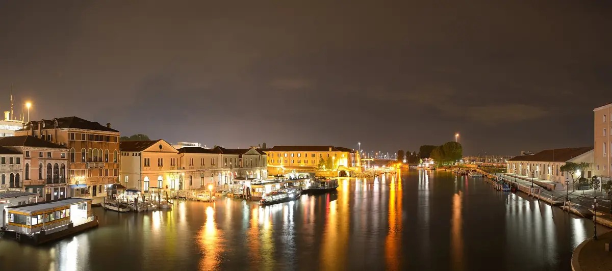 The Grand Canal and the Piazzale Roma stop at night