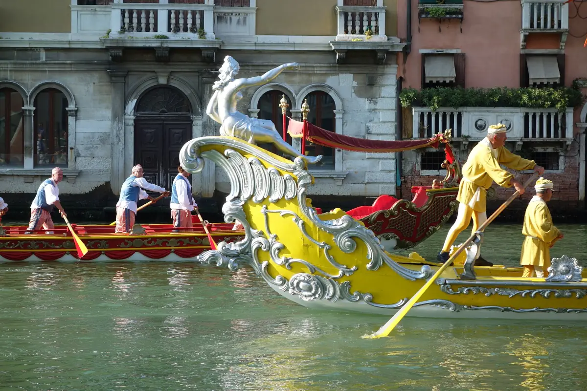 A decorated ceremonial boat at the Regata Storica