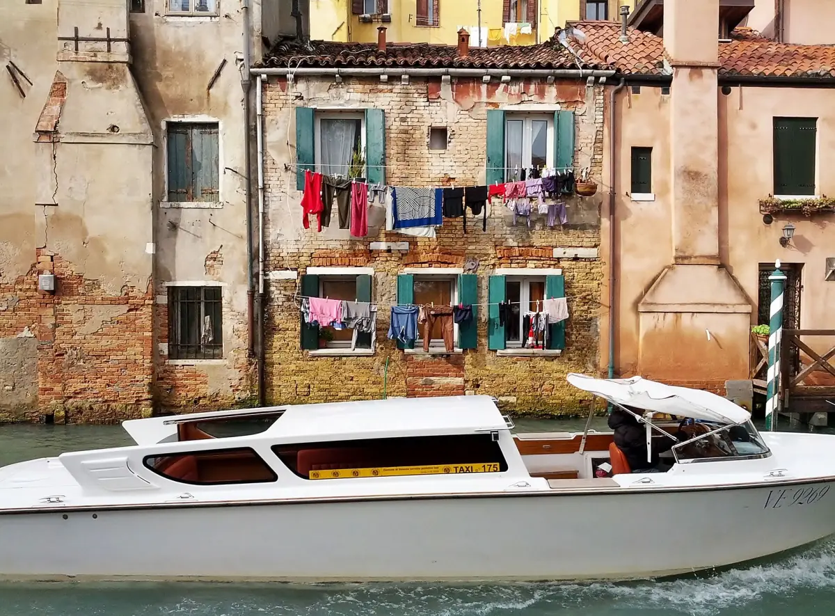 A wooden water taxi in Venice